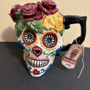 Blue Sky Clayworks Hand Painted Sugar Skull Pitcher Planter. New